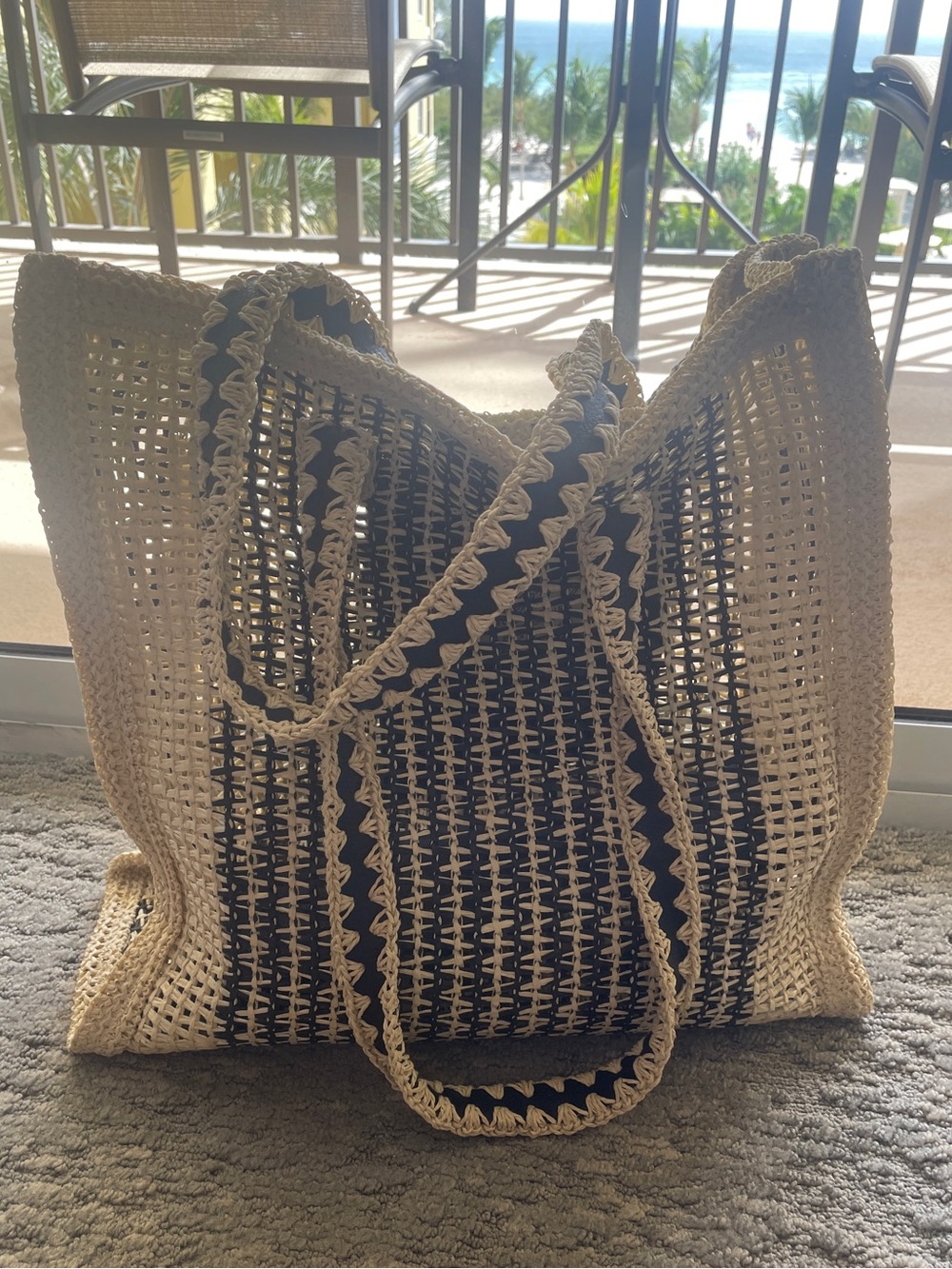 Straw Tote Bag in Natural and Black - Lightweight Beach & Market Bag